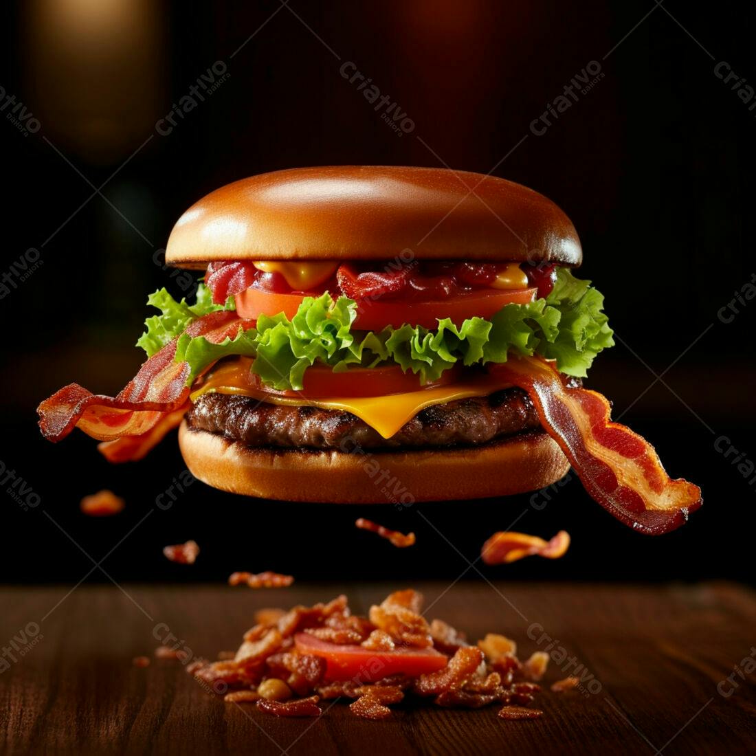 Hambúrguer Bacon suculento em levitação