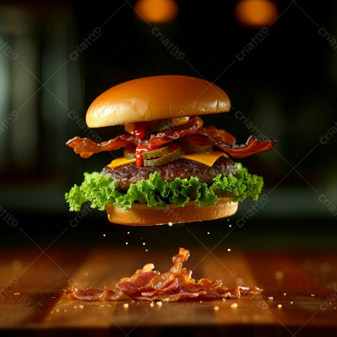 Hambúrguer gourmet com bacon em levitação