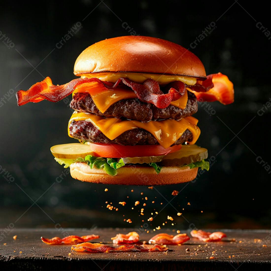 Duplo Hambúrguer com Bacon Levitando