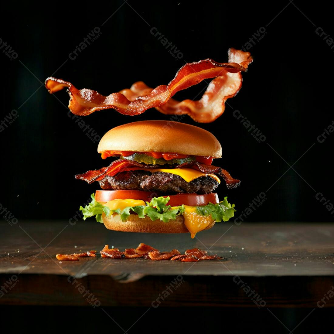 Hambúrguer suculento com bacon crocante em voo