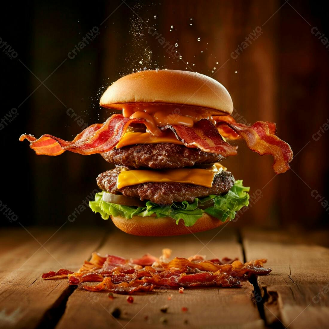 Duplo hambúrguer com bacon no ar