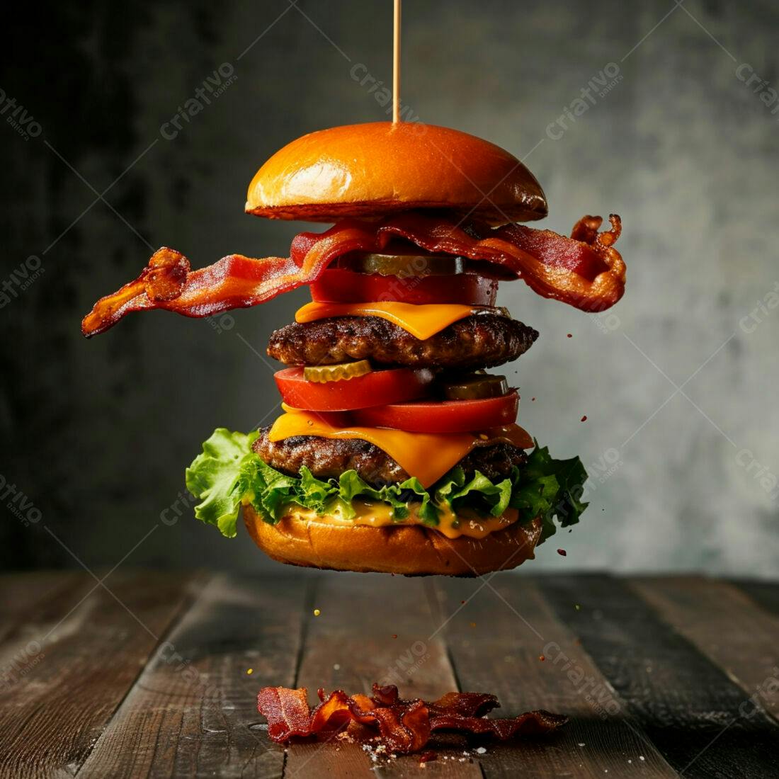 Hambúrguer duplo com bacon em suspensão
