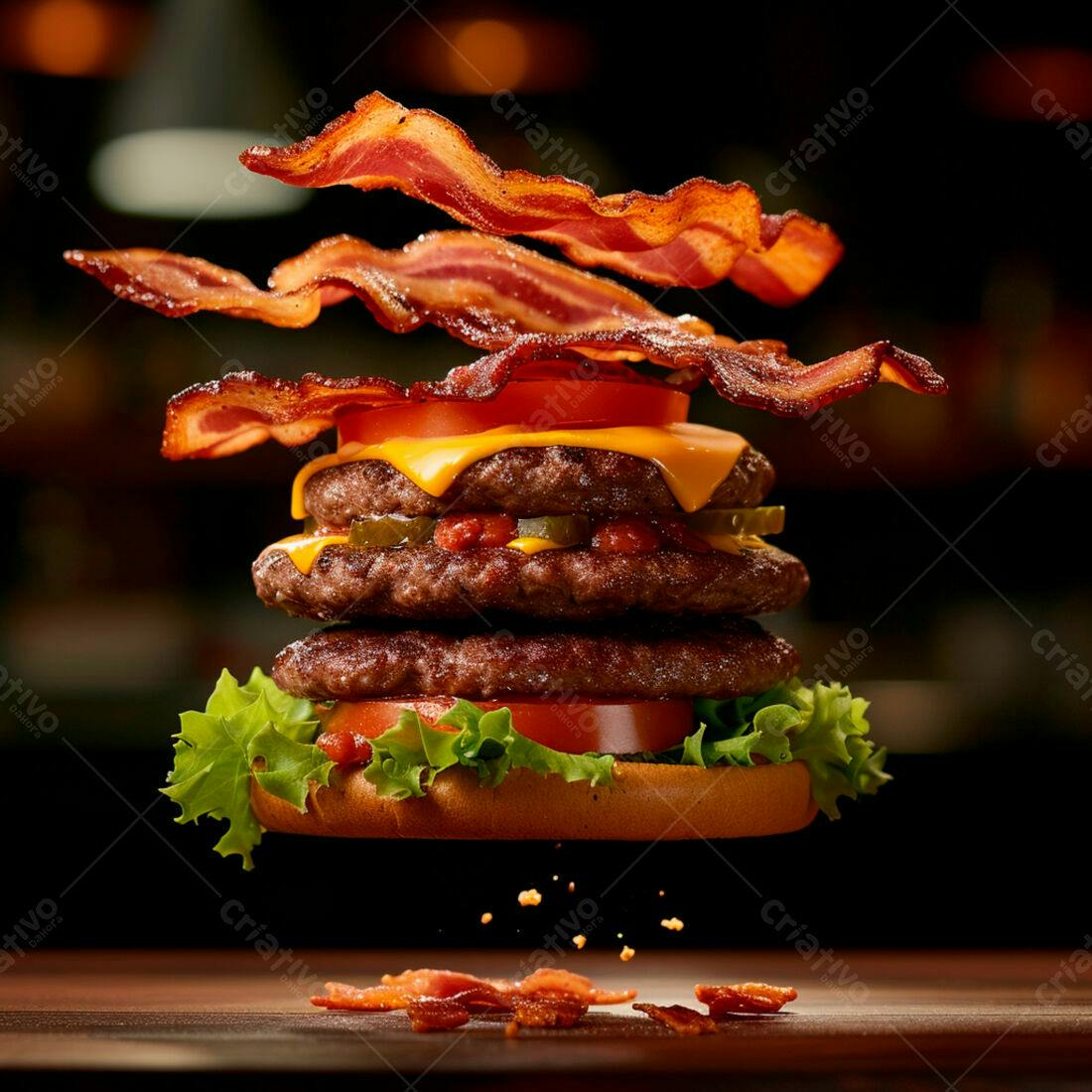 Duplo hambúrguer com bacon no ar