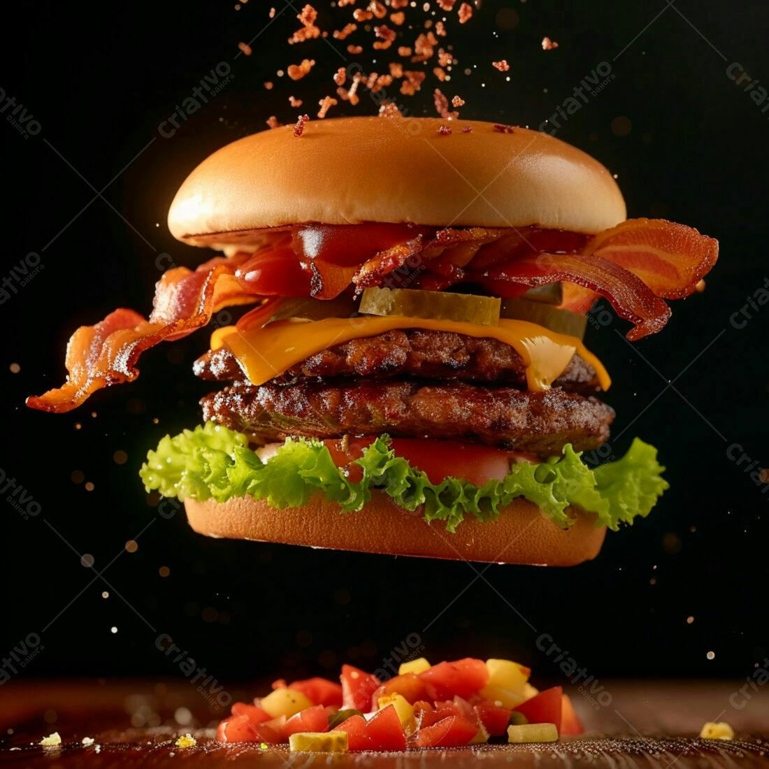 Duplo hambúrguer com bacon no ar