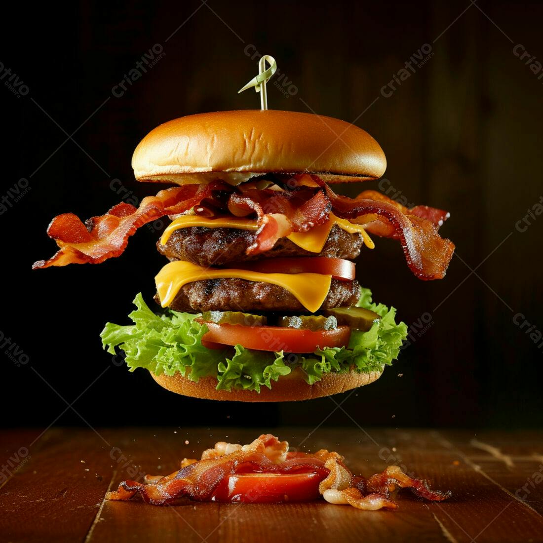 Duplo hambúrguer com bacon em levitação