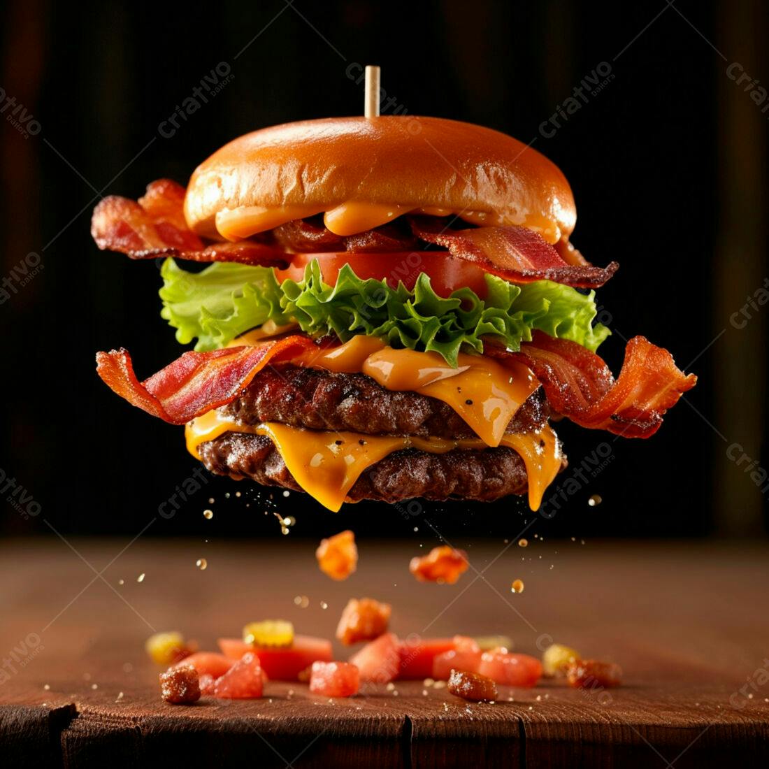 Hambúrguer duplo com bacon no ar