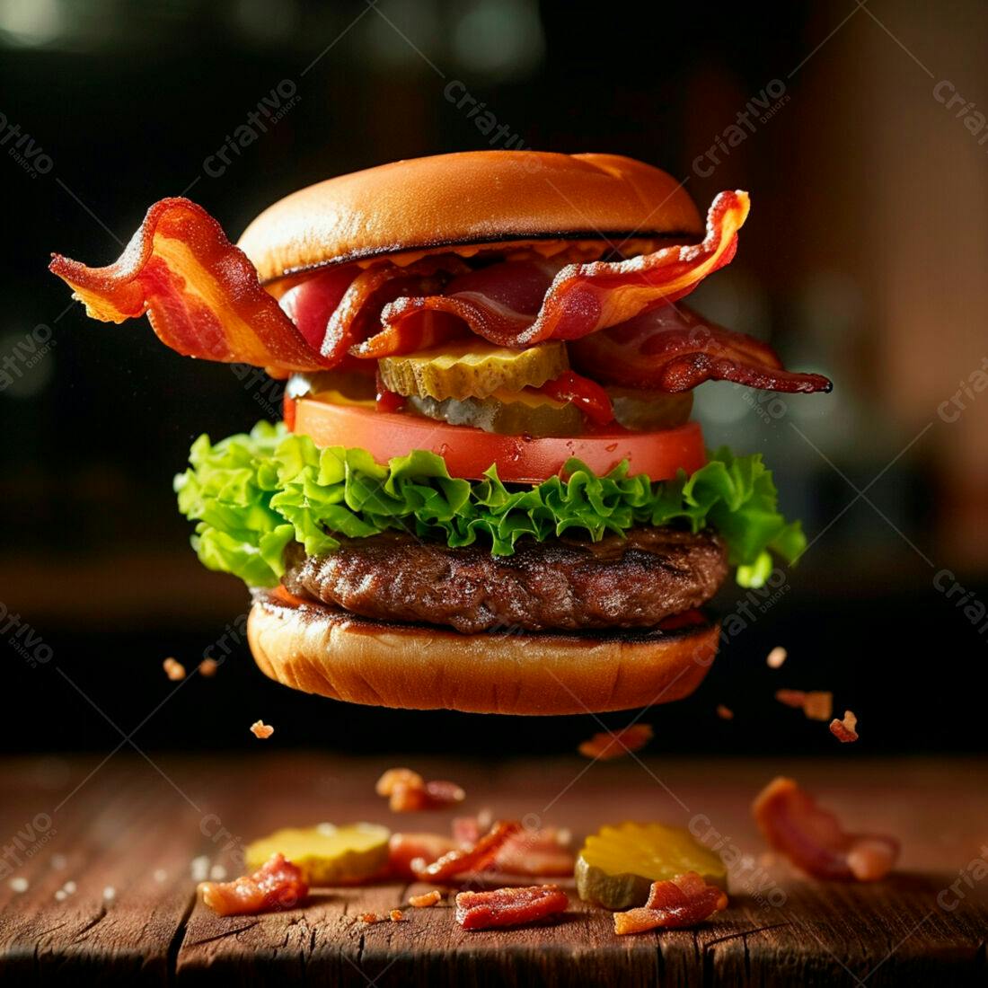 Hambúrguer com Bacon em Levitação