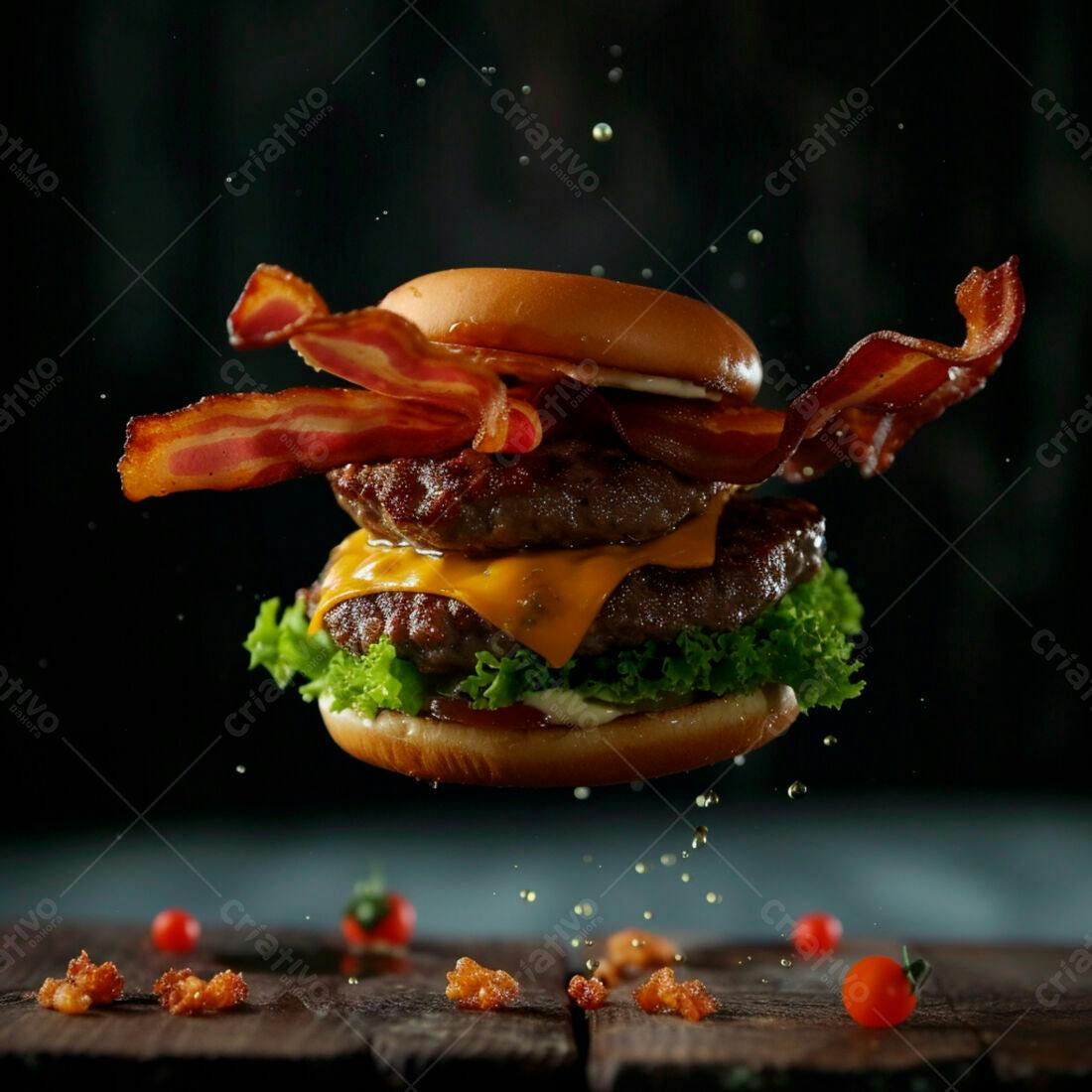 Hambúrguer duplo com bacon no ar