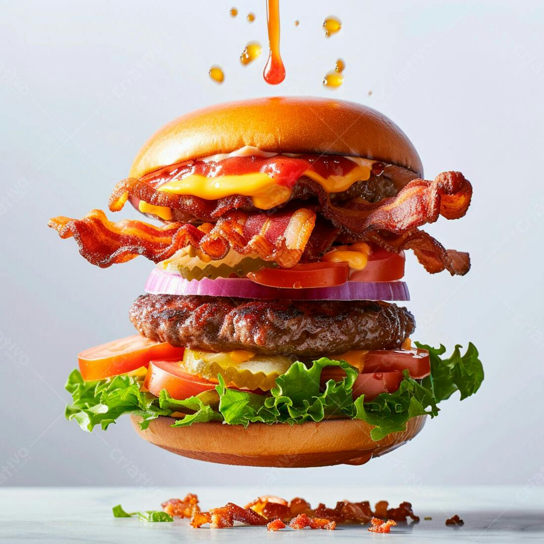 Hambúrguer duplo com bacon e queijo derretido