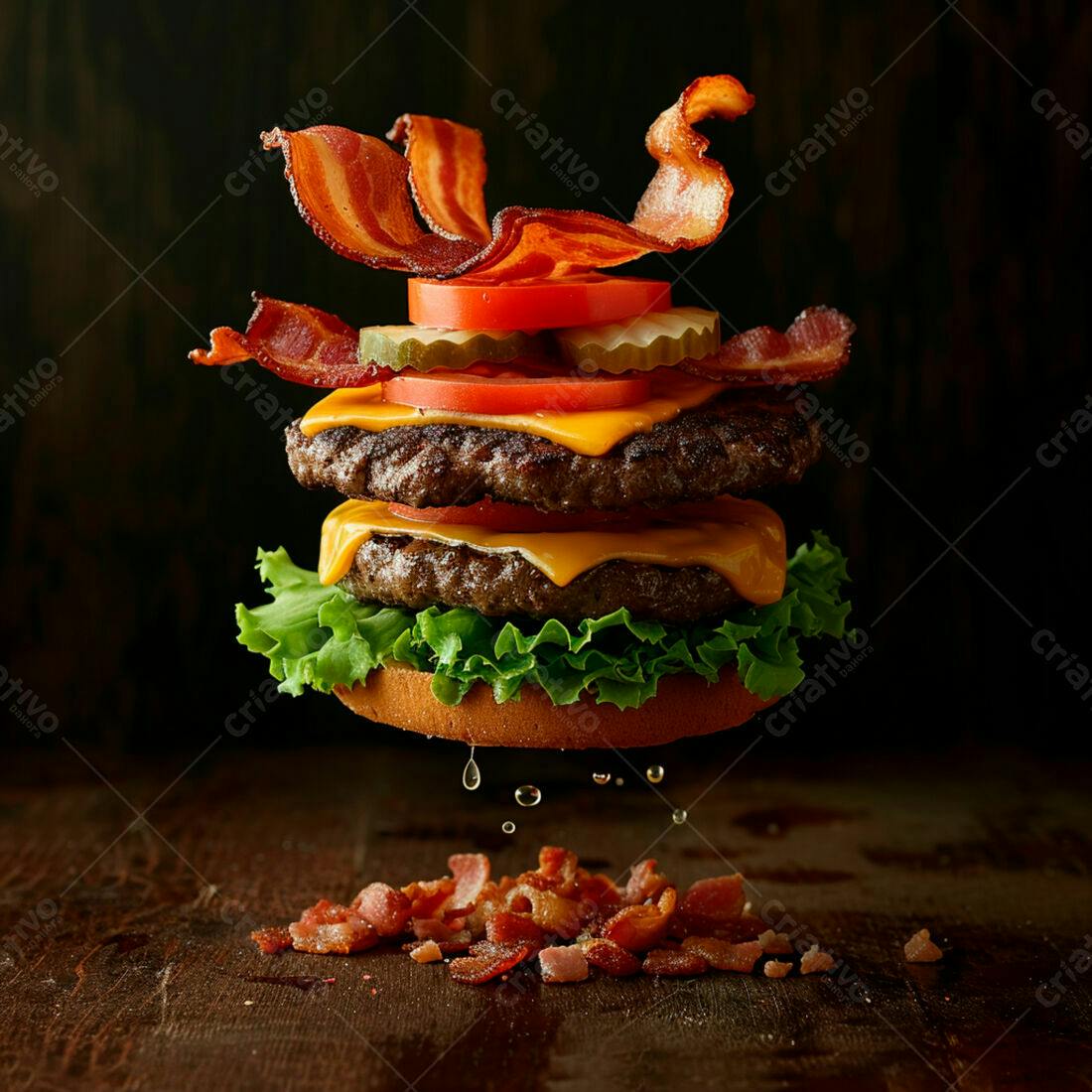 Duplo hambúrguer com bacon e queijo flutuando