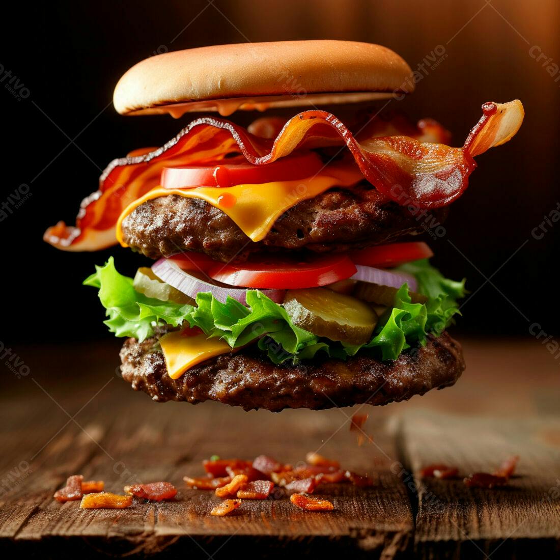 Duplo hambúrguer com bacon no ar