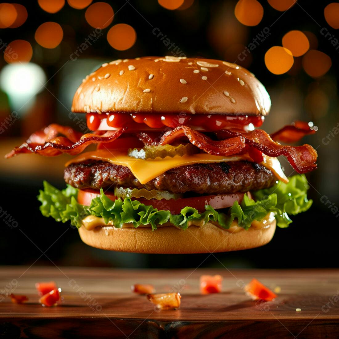 Hambúrguer suculento com bacon e queijo