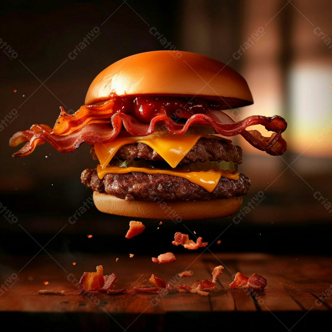 Hambúrguer duplo com bacon em queda livre