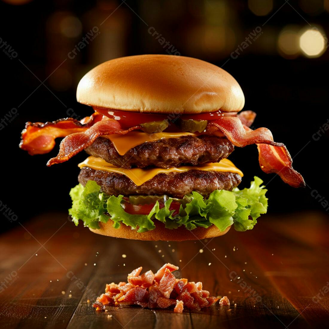 Duplo hambúrguer com bacon no ar
