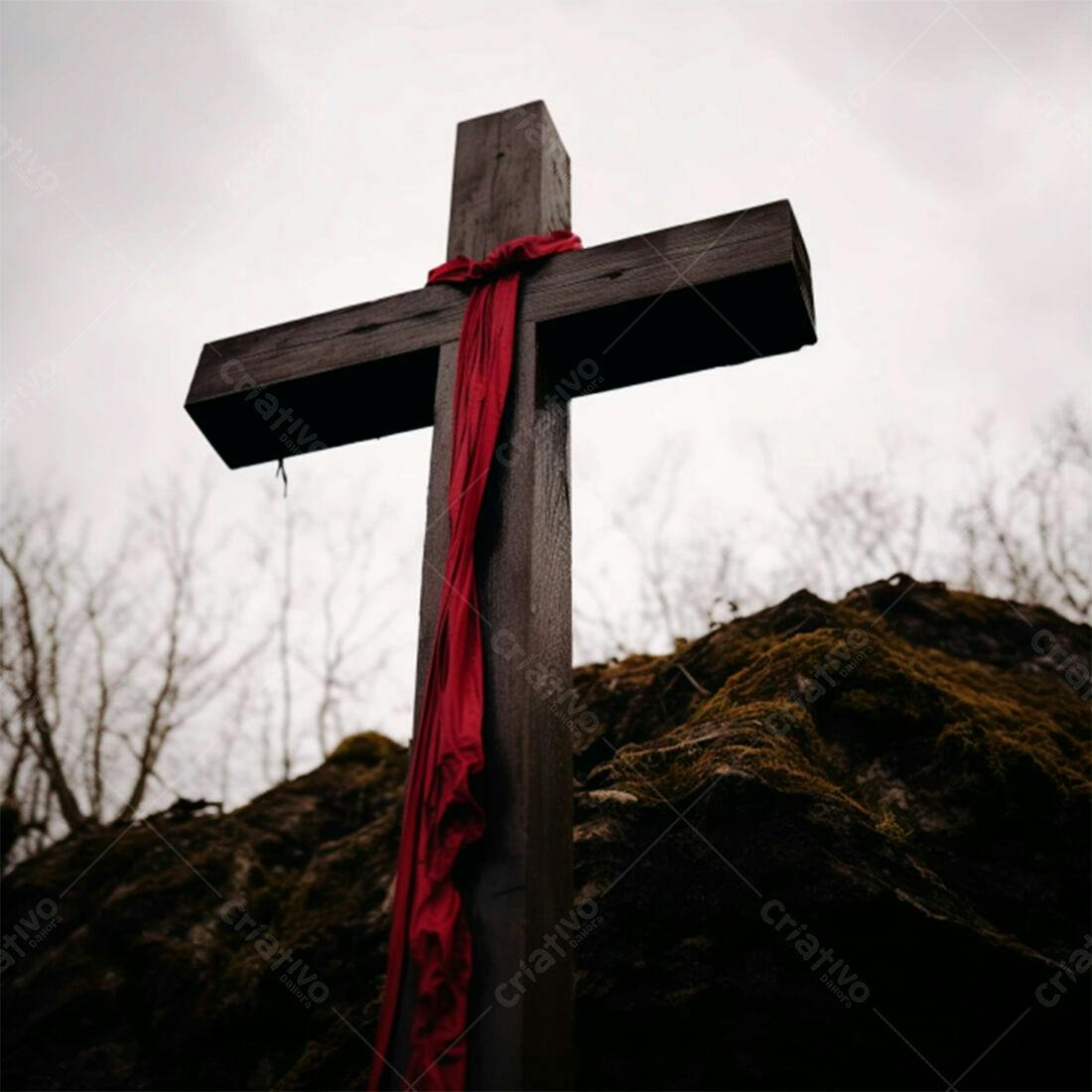 Cruz de madeira com tecido vermelho em cenário rochoso