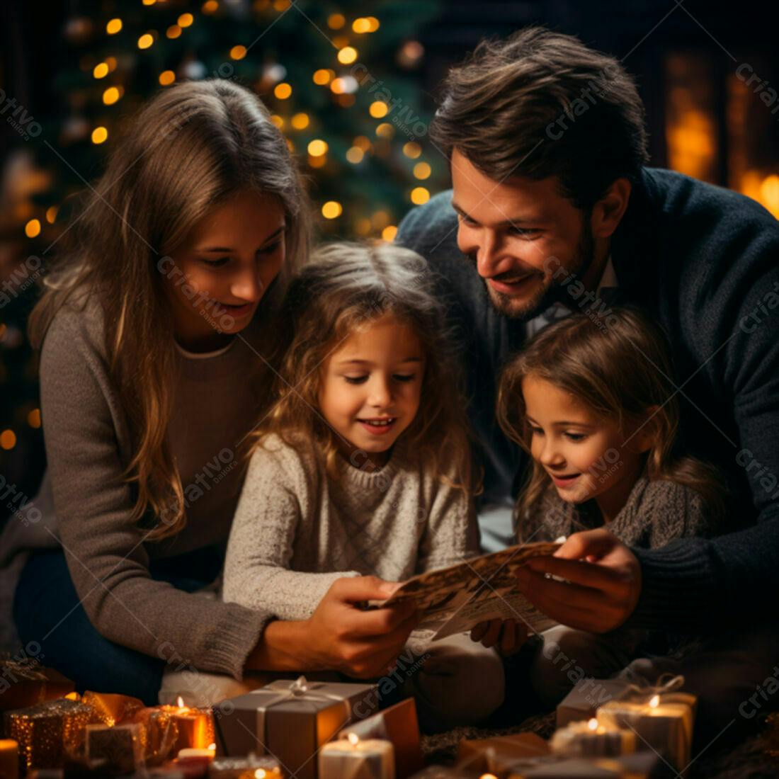 Família lendo mensagem de Natal junto à árvore