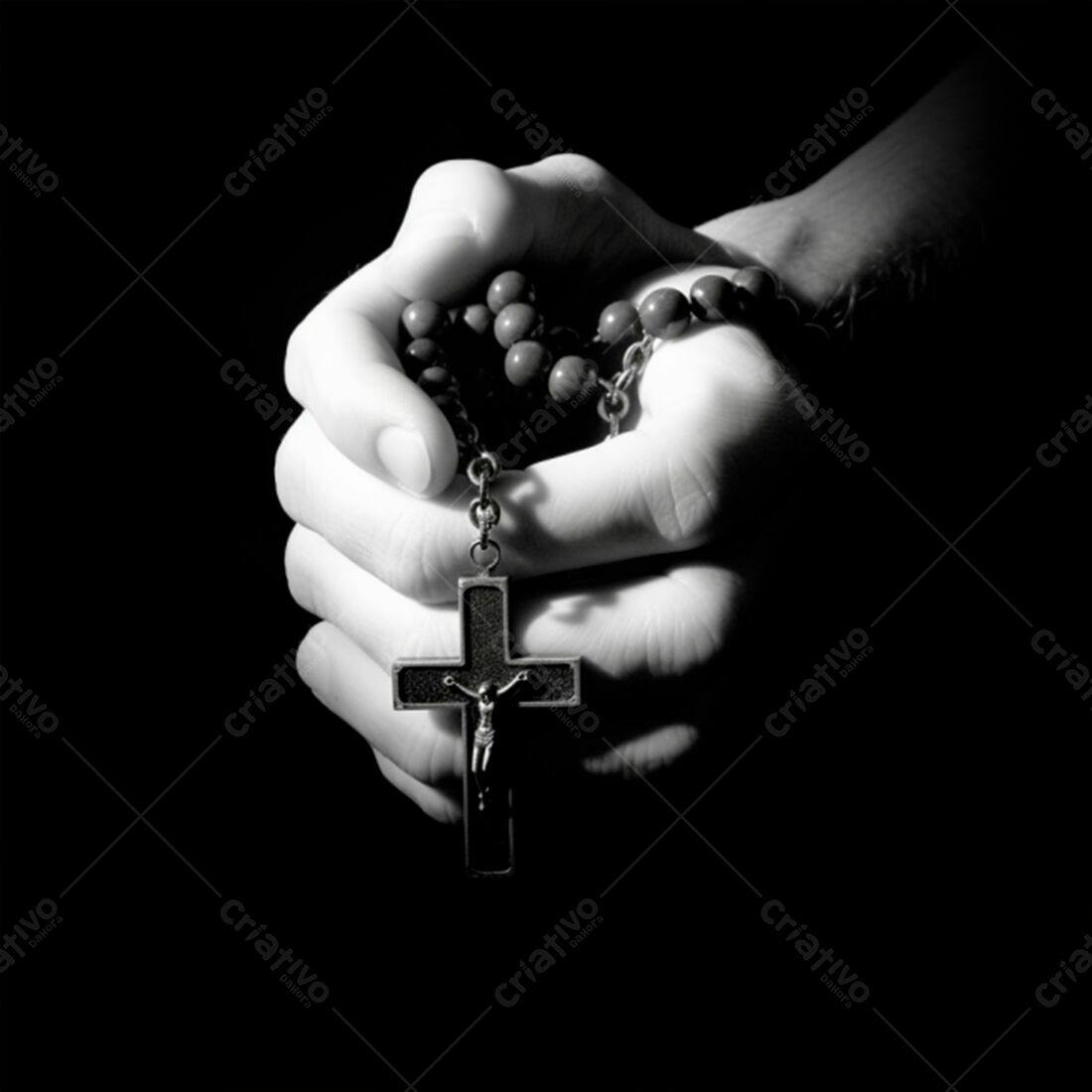 Mãos em oração com terço e crucifixo