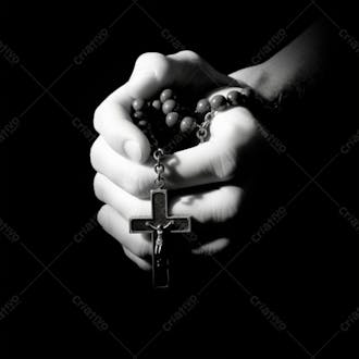 Mão rezando segurando corrente de cruz