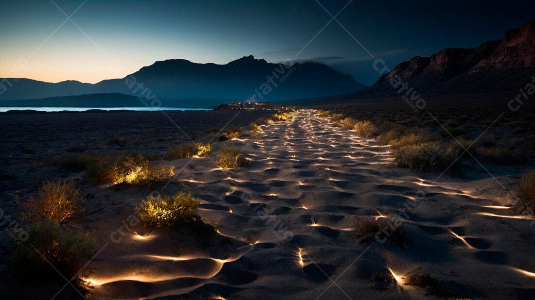 Trilha iluminada no deserto à noite
