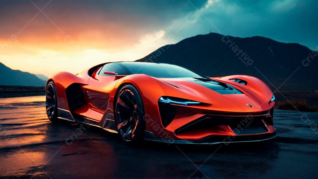 Supercarro laranja em paisagem montanhosa