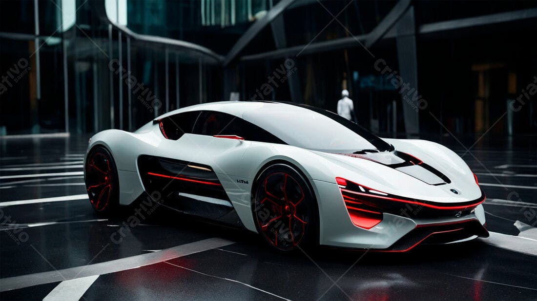 Supercarro branco e vermelho em estacionamento moderno