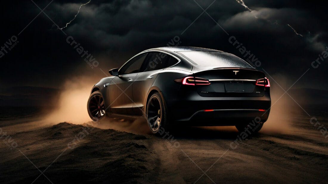 Tesla Model Y em estrada desértica sob tempestade