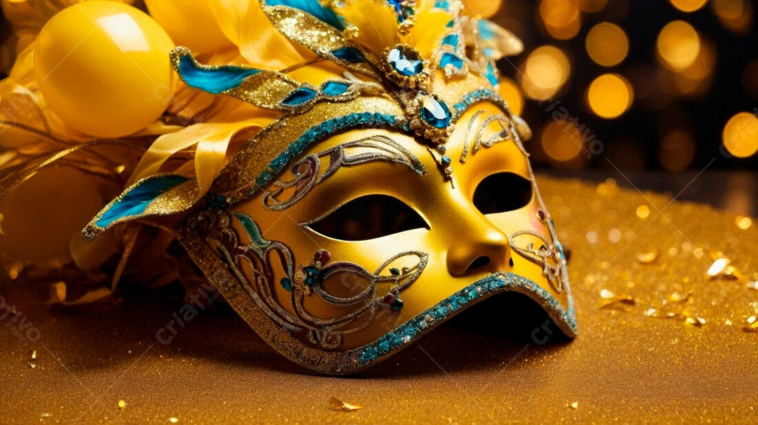 Máscara dourada com detalhes azuis para Carnaval