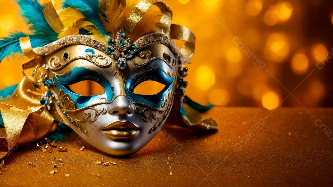 Máscara de Carnaval Dourada e Azul Turquesa