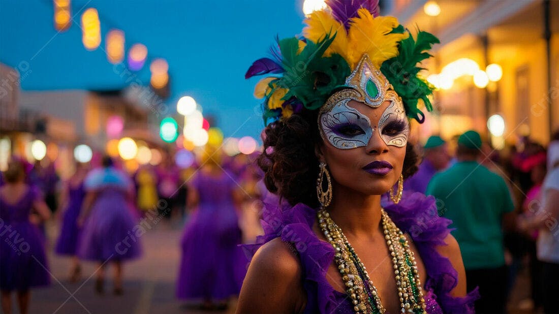 Mulher com máscara em desfile Mardi Gras