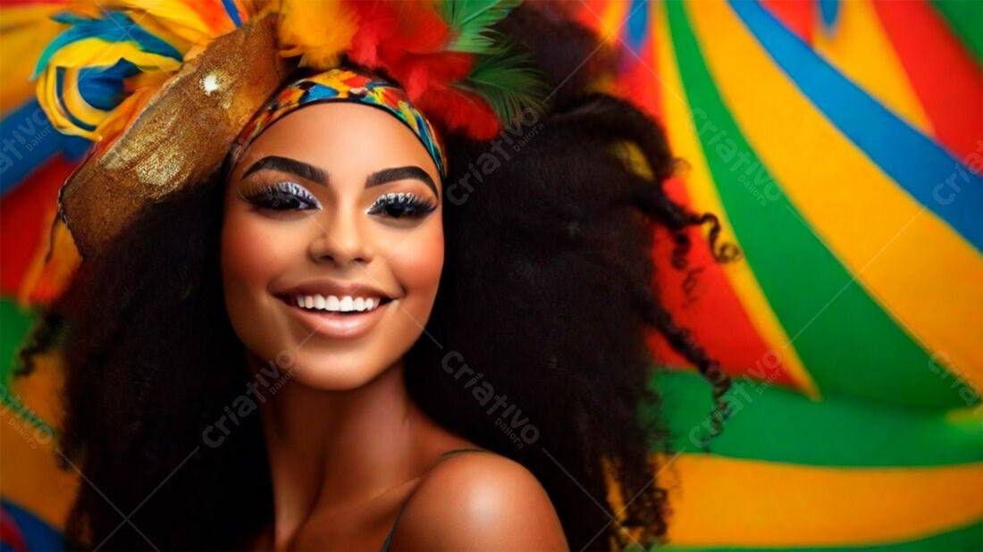 Mulher negra sorrindo com fantasia colorida