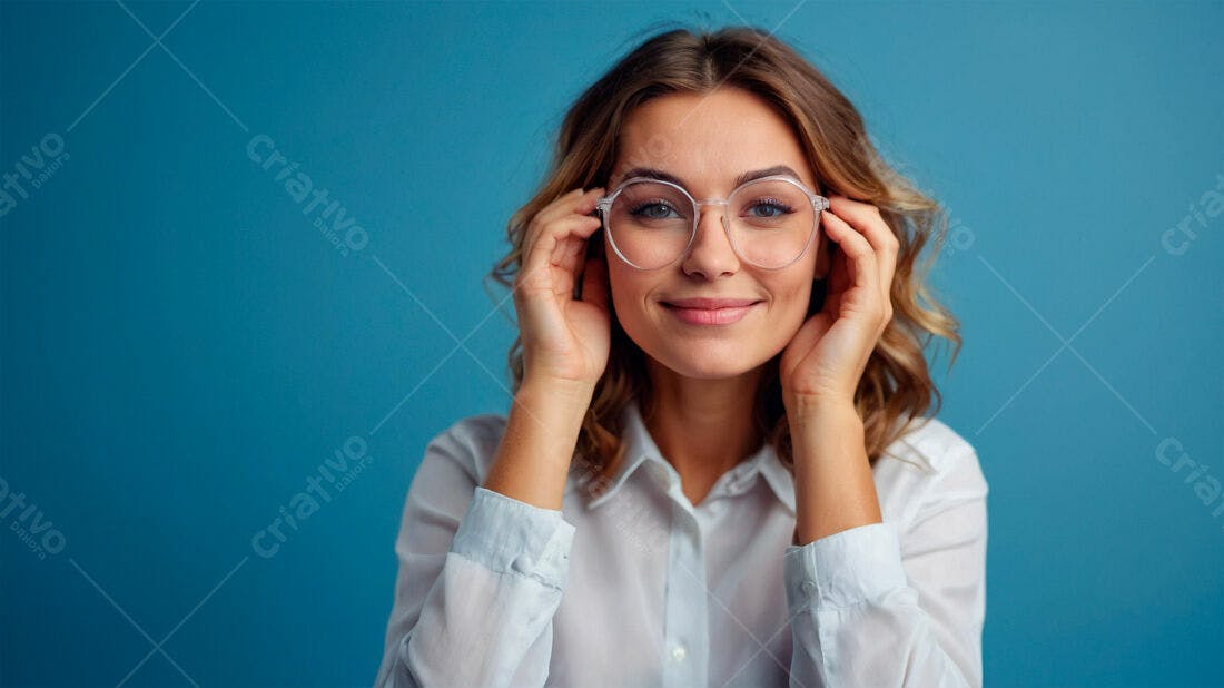 Mulher sorridente com óculos transparentes fundo azul