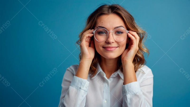 Foto grátis mulher com as mãoes no óculos para colocar negócio business fundo azul