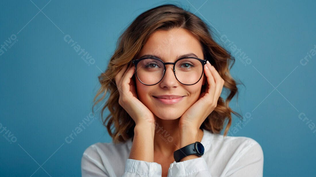 Mulher sorridente com óculos fundo azul
