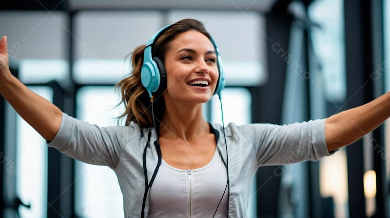 Foto grátis mulher feliz na academia ouvindo música no fone