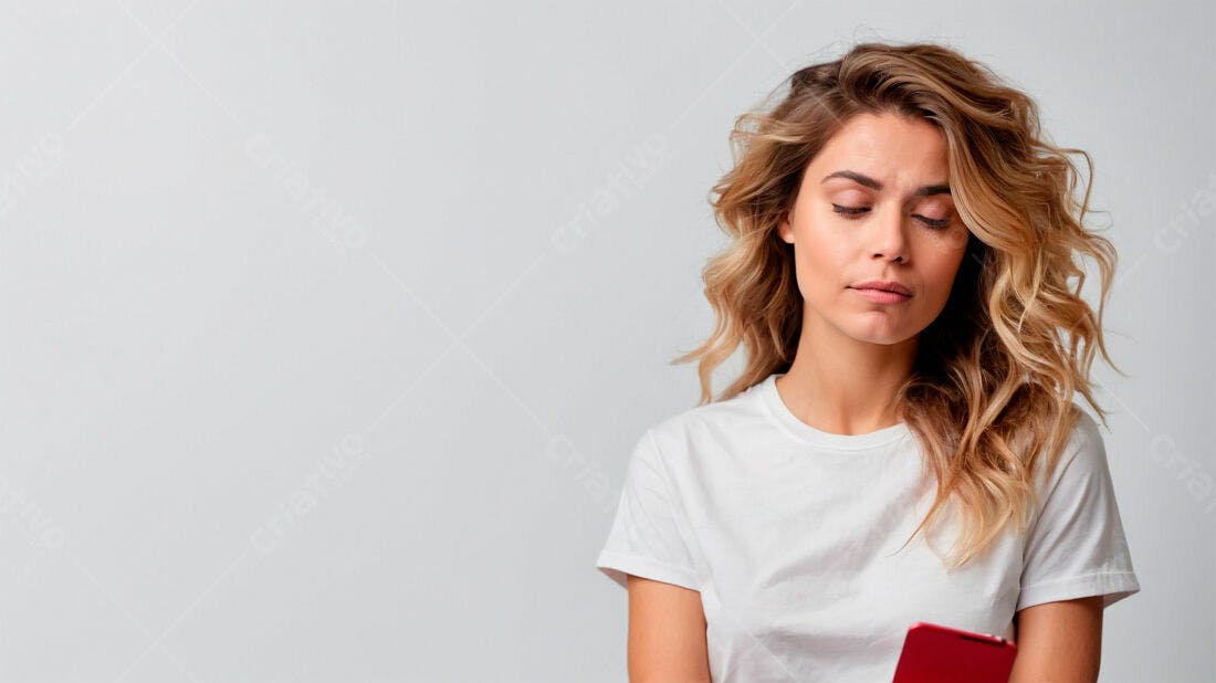 Mulher loira usando celular fundo cinza