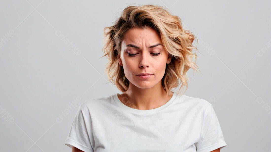 Mulher pensativa com cabelo loiro curto
