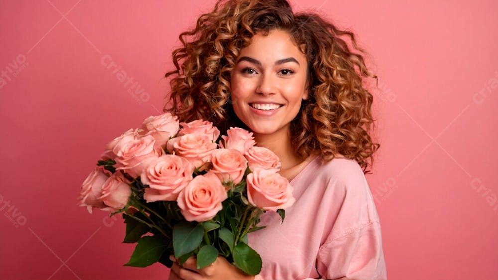 Foto Grátis Mulher Cabelo Cacheado Segurando O Bouquet De Flores Fundo Rosa