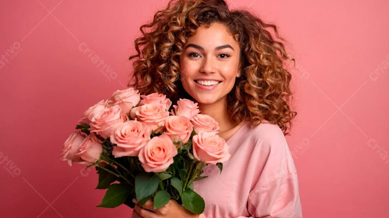 Foto grátis mulher cabelo cacheado segurando o bouquet de flores fundo rosa