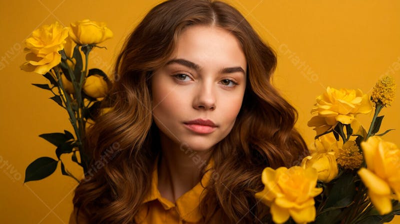 Foto grátis mulher atraente fundo amarelo flores