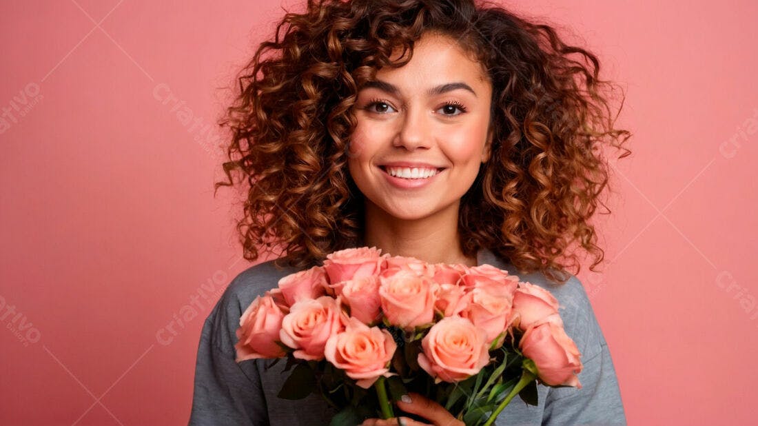 Mulher sorridente com rosas cor-de-rosa