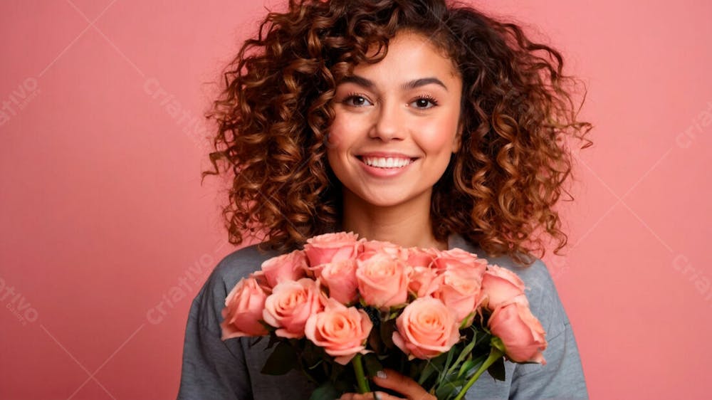 Foto Grátis Mulher Com Cabelo Cacheado Segurando Bouquet De Flores Sobre Fundo Rosa