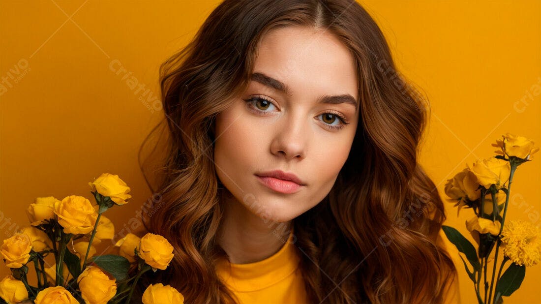 Modelo jovem com flores amarelas fundo amarelo