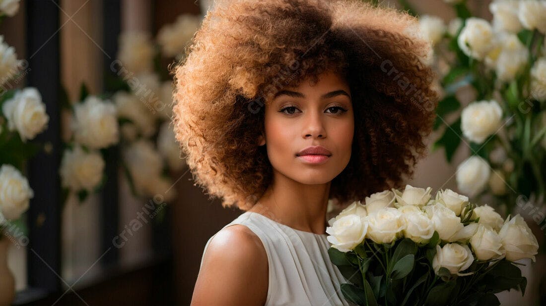 Mulher negra com cabelo afro segurando rosas brancas