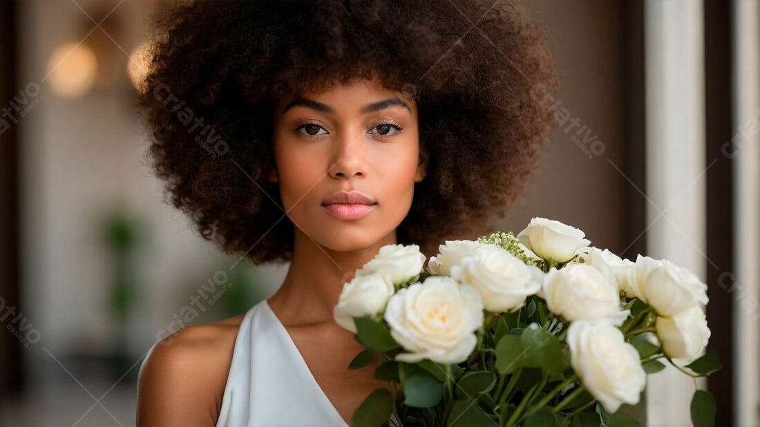 Mulher negra com rosas brancas