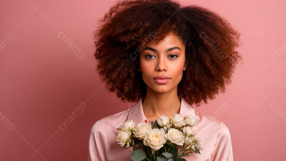 Foto Grátis Mulher Negra Segurando Flores Sobre Fundo Rosa