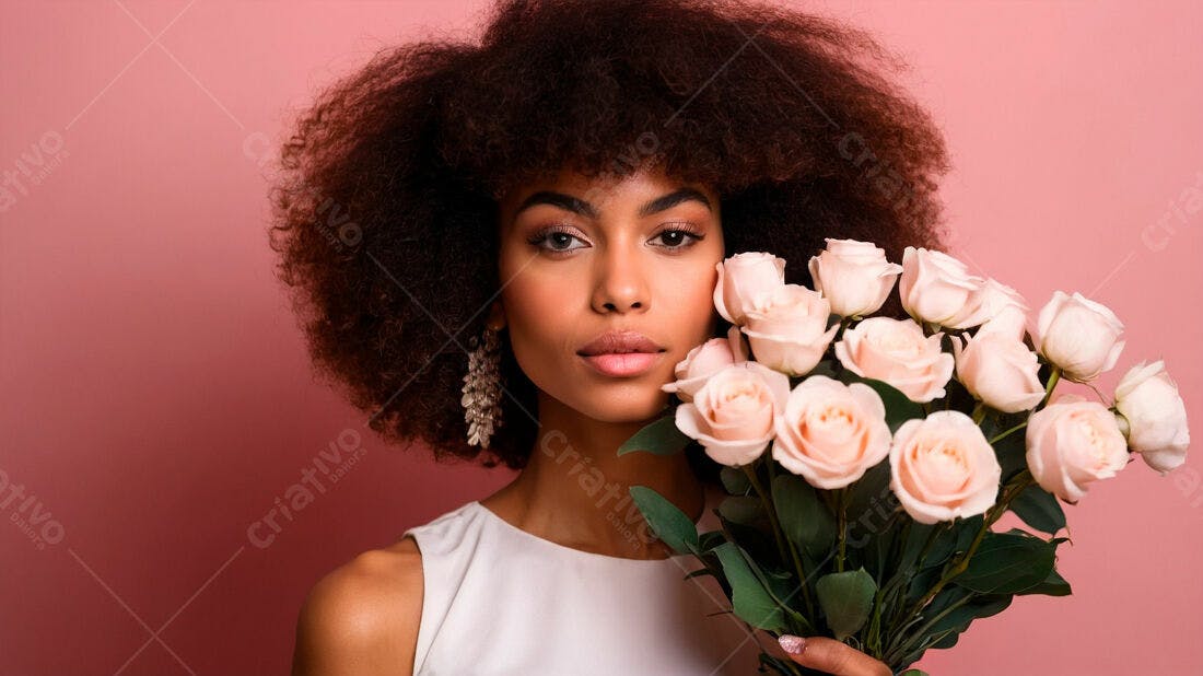 Mulher negra com rosas rosa claro fundo rosa