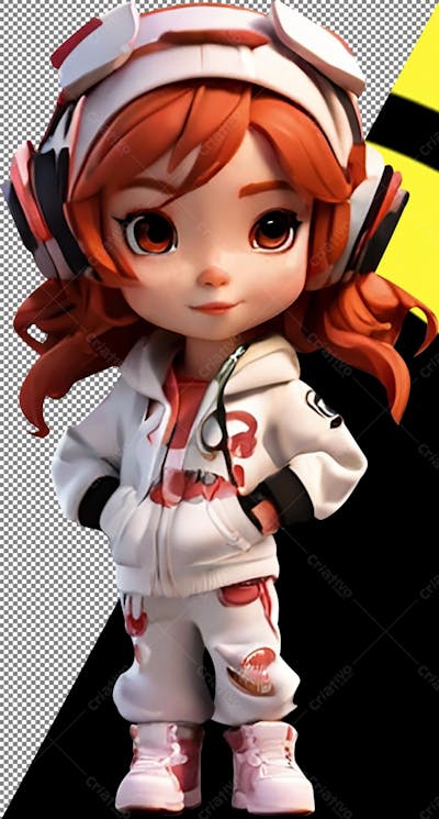 Personagem 3D infantil criança menina fone de ouvido