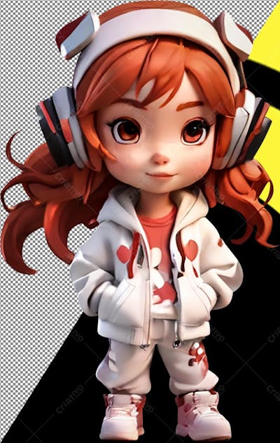 Personagem 3D infantil criança menina fone de ouvido