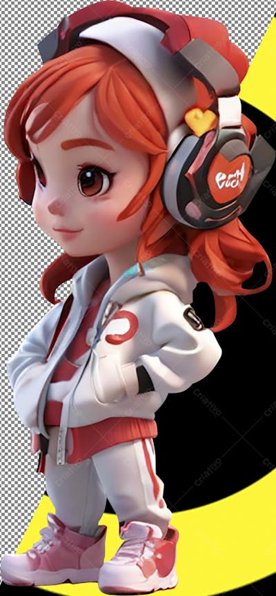 Personagem 3D infantil criança menina fone de ouvido