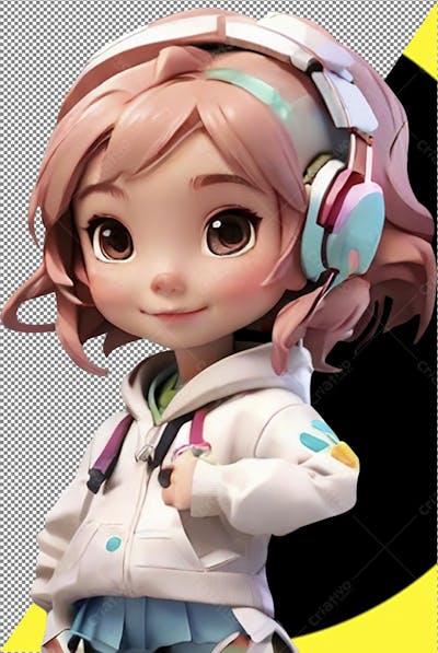 Personagem 3D infantil criança menina fone de ouvido